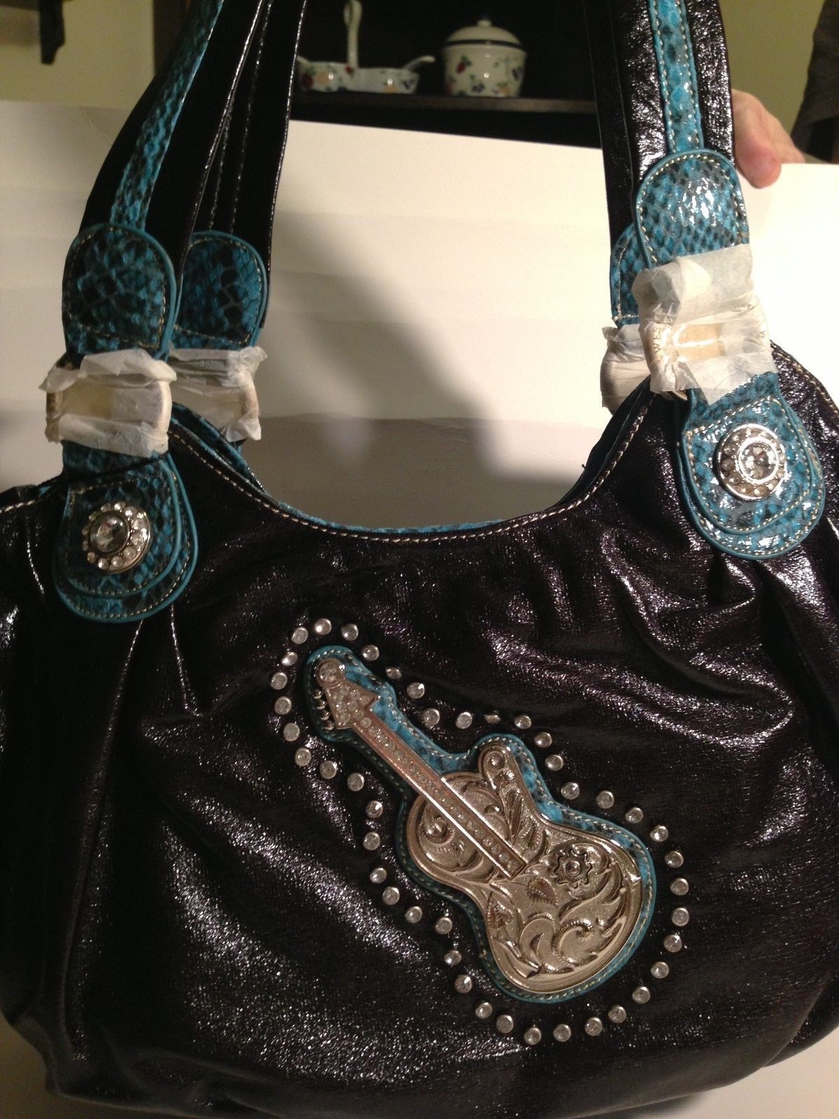 LADIES SILVERGUITAR HANDBAG - TURQUOISE & BLACK  w/  CRYSTAL - NEW -  SHIPS FREE