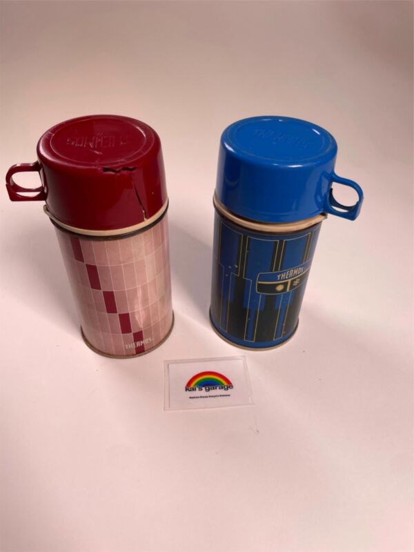 VTG Thermos Metal King Seely Lot of 2 Retro Blue Geometric Pink