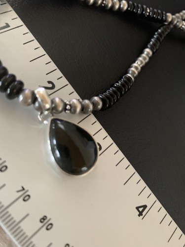Pre-owned Handmade Mens Black Onyx Pendant Navajo Pearls Sterling Silver Necklace 11906