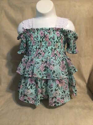 Little Lass Girls Size 5 Teal Pink Floral Top