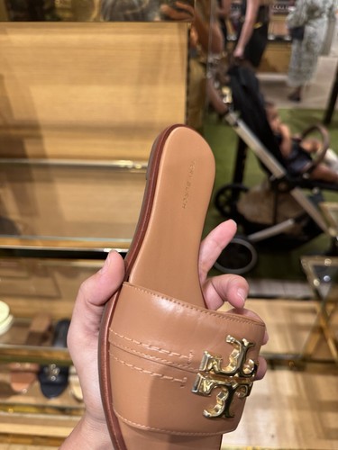 Pre-owned Tory Burch Everly Calf Leather Gold Logo Slide Sandals All Sizes Available