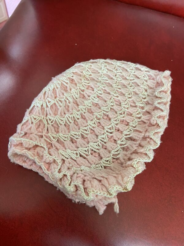 Vintage Handmade Baby Crocheted Knit Bonnet Hat Pink Girls Newborn Cottage Core