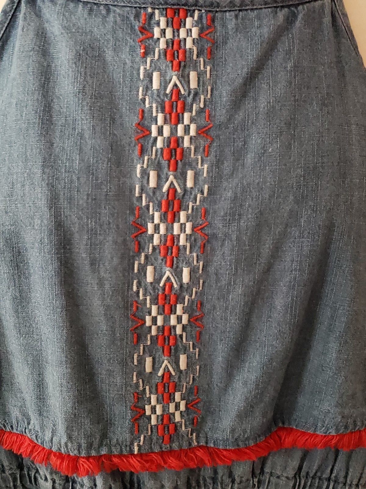 Lucky Brand Denim Romper Girls Size 10 Blue Red Fringe Spaghetti Straps Shorts