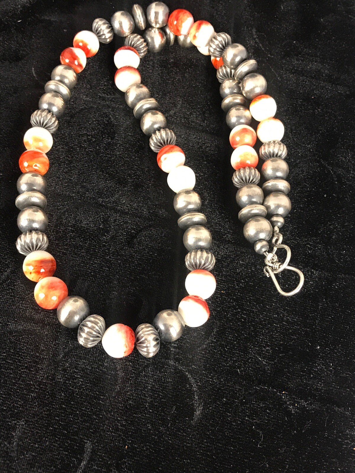 Pre-owned Handmade Spiny Oyster Navajo Sterling Silver Beads Necklace 21” 8533 In Orange