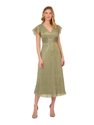 ADRIANNA PAPELL Womens Green Lined Tie-waist Flutter Sleeve Midi Sheath Dress 8