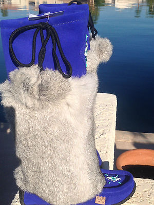 Pre-owned Laurentian Chief Canadian Tall Suede Royal Blue Mukluk Gray Rabbit Fur