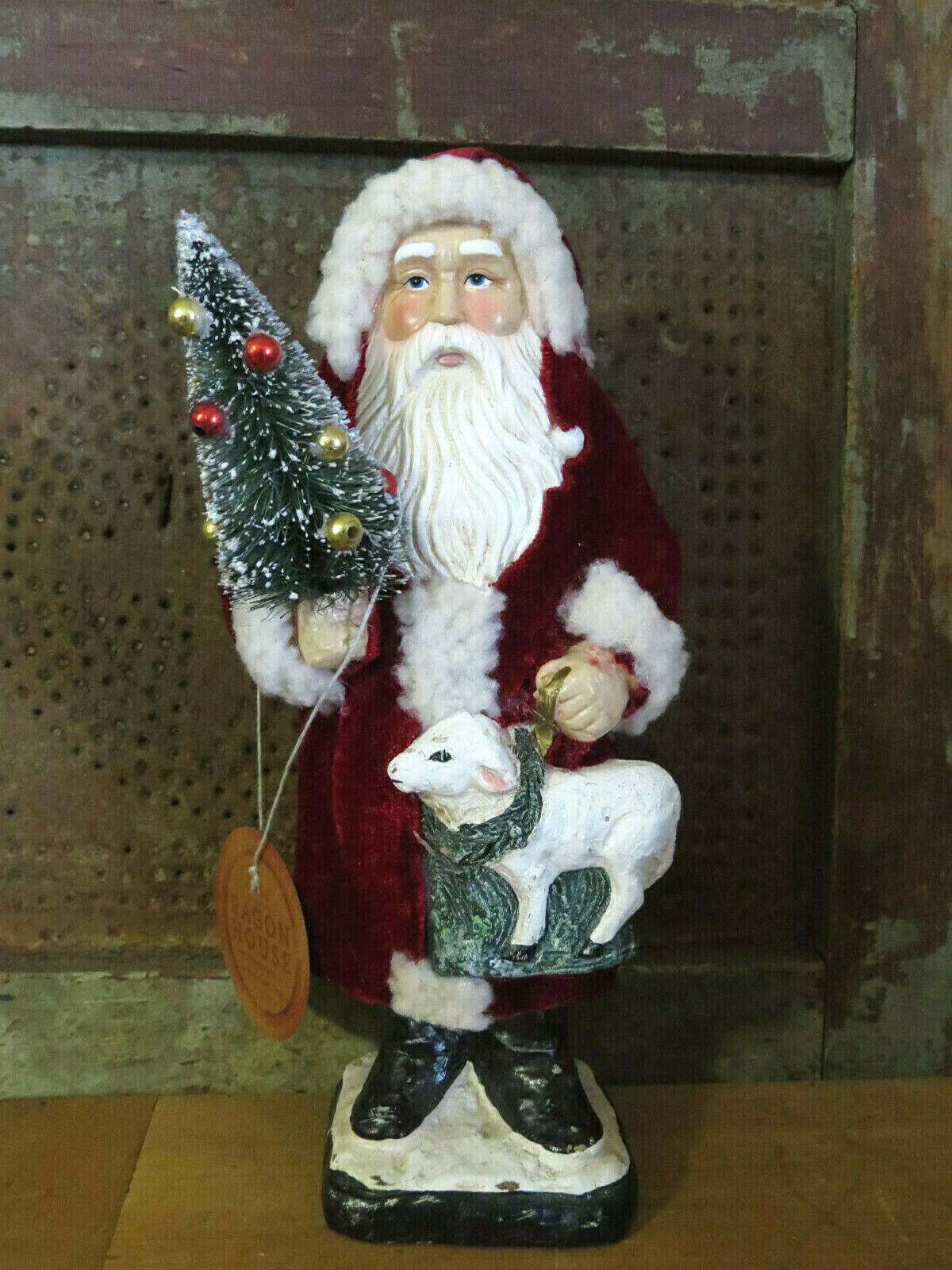 RED Velvet coat Belsnickle Santa Paper Mache Figurine w RED Velvet coat Belsnickle Santa Paper Mache Figurine w