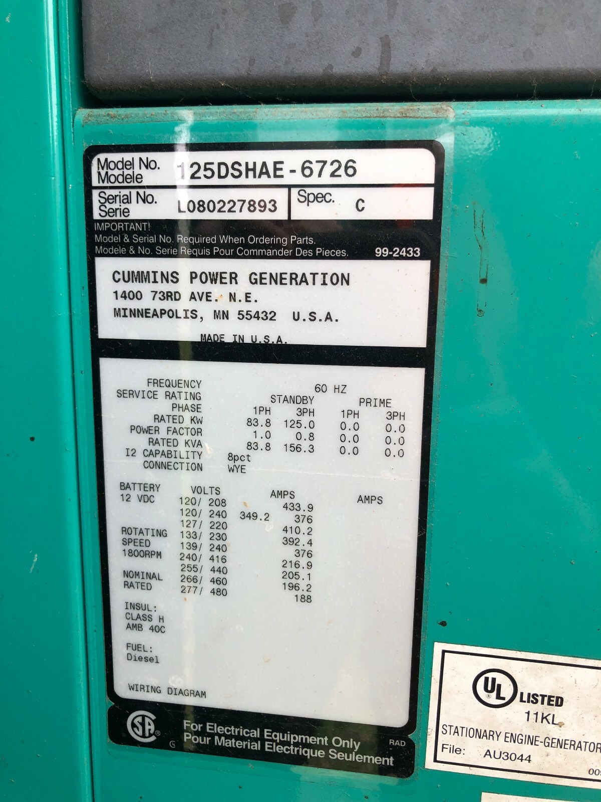 125 kW Cummins Generator, enclosed with base tank