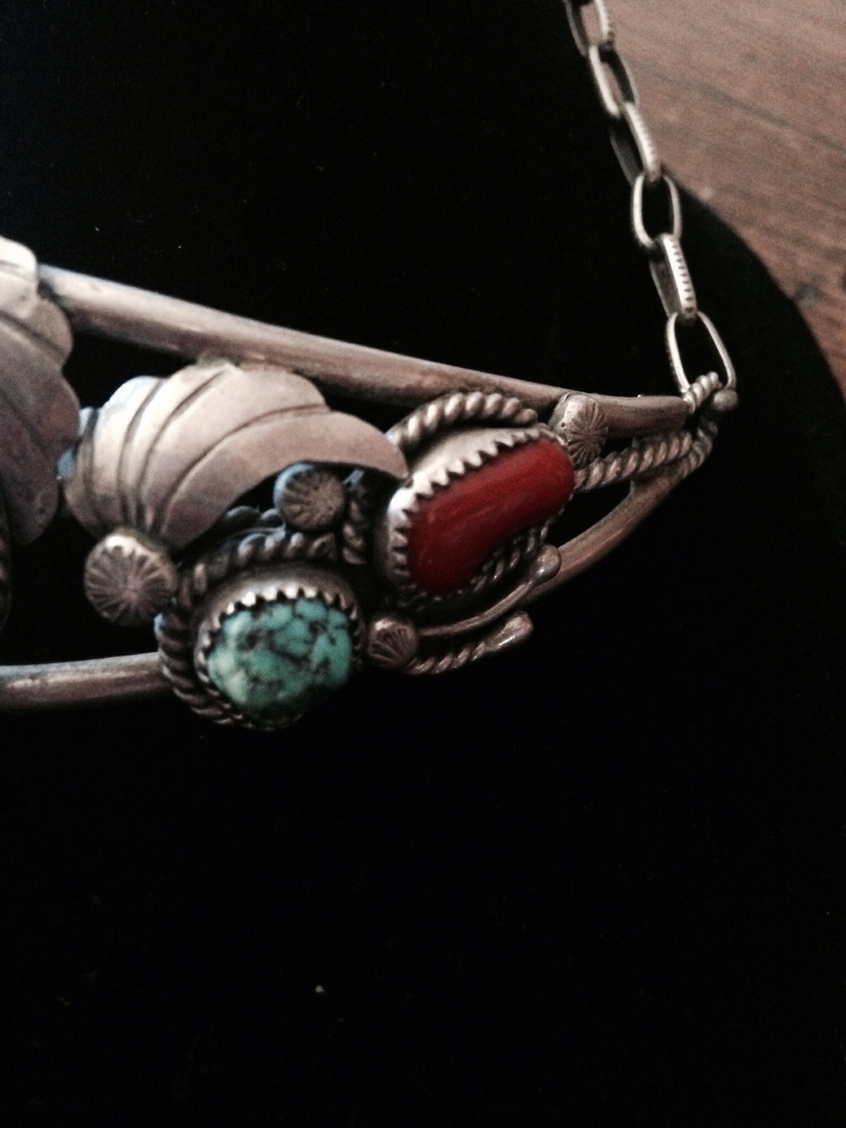 Old Zuni Choker with Natural Turquoise and coral. The sterling chain is hand mad