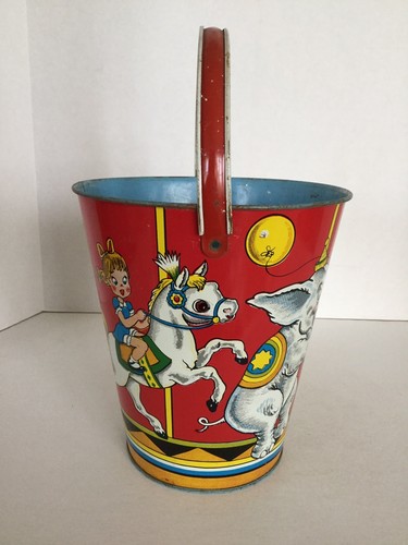 Vintage US Metal Toy Mfg Co Large Tin Litho Sand Pail With Circus Theme Animals