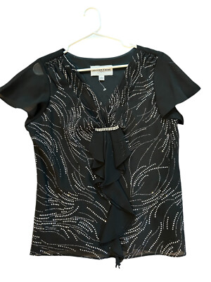 Another Thyme Shiny Silver Metallic on Black Short Sleeve Blouse Women L