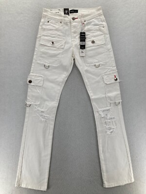 Preme Jeans Mens 30x34 Semi Stacked Fit Cargo Utility White Distressed Denim Y2K