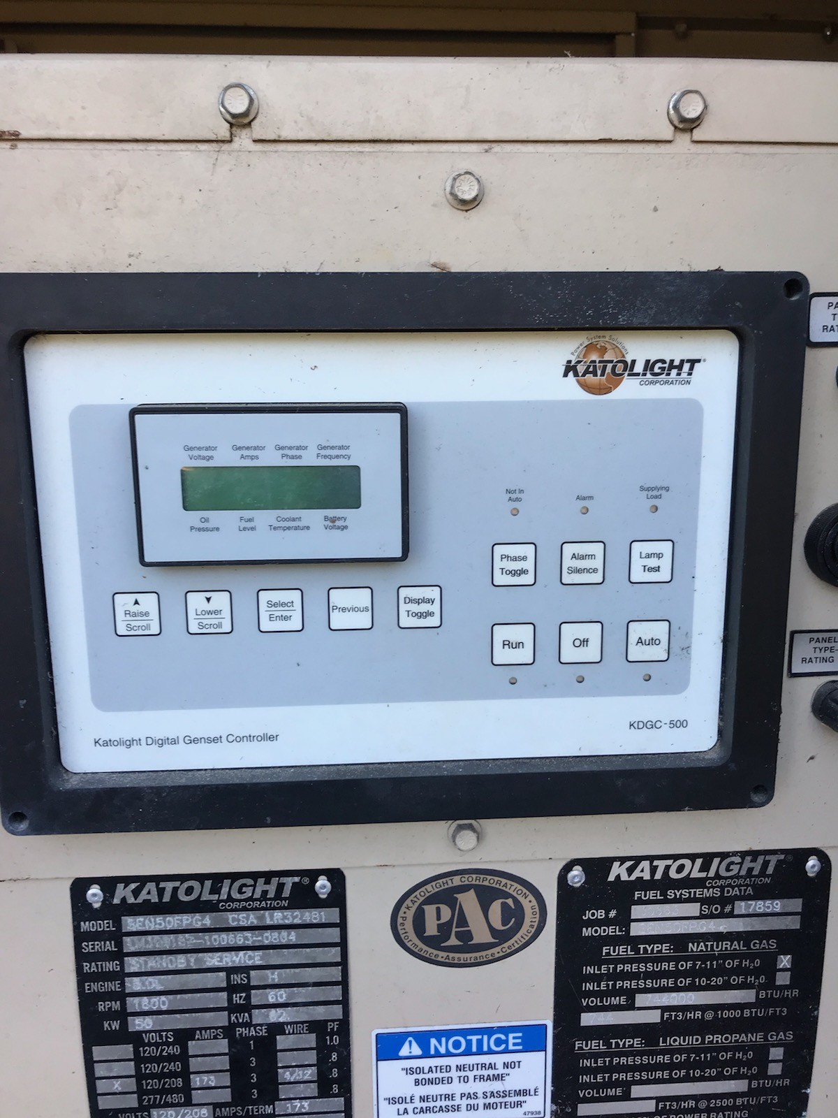KATOLIGHT 50 KW Propane Generator with Transfer Switch 160 hours Wildwood FL