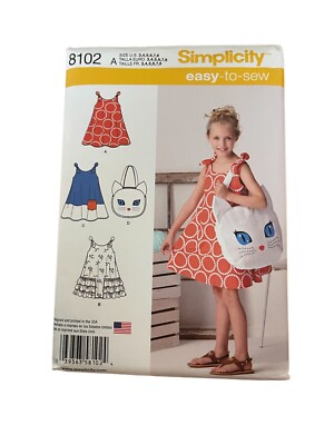 Simplicity 8102 Child's Sz 3 to 8 Sundress+ Kitty Tote Bag Girls Easy-To-Sew New
