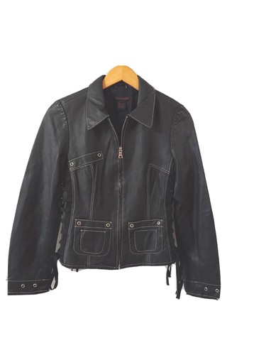 Gypsies and Lords Jacket Womens S Black Leather Zipup Pockets Side Laceup Lined