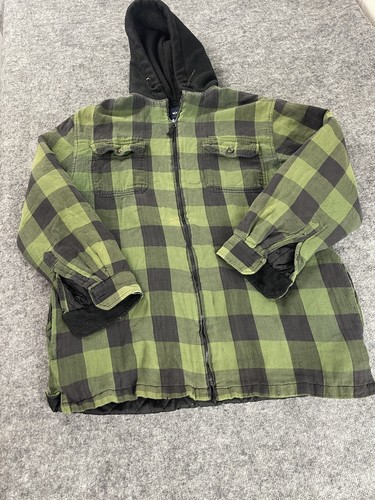 Puritan Jacket Mens Large Tall LT Green Plaid Flannel Hooded Shirt Jacket N293