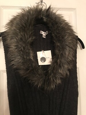 Woman Kroft&Barrow 3/4 L Sleeveless Cardigan FauxFur Collar Charc Gray Sz S NWT