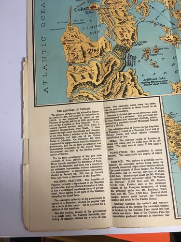 Vintage Folding Map Bird's Eye View Of The Panama Canal & Panama circa 1915 rare