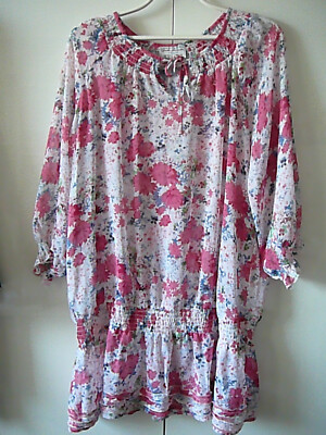 2 TCM Bluse Shirt Tunika Gr 48/50 weiß rosa-blaue Blüten allover, Taillengummi