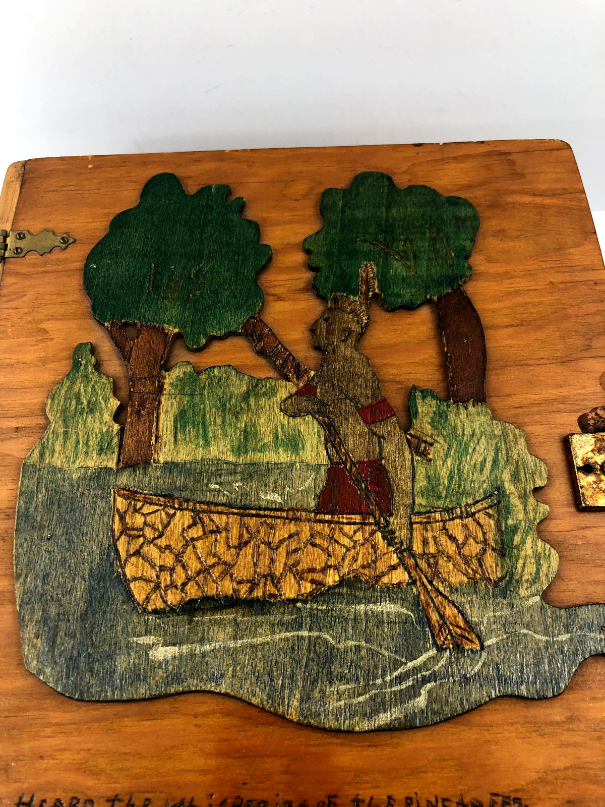 Vintage Wooden Folk Art Book Cover Binding Hiawatha's Poem Indian Carving LARGE