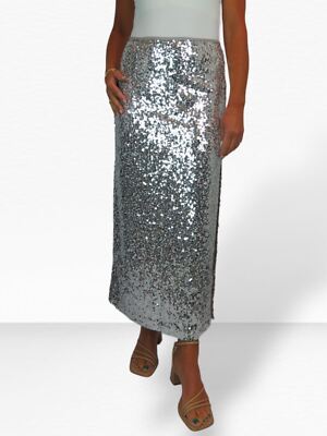 Ladies Sequin Maxi Skirt Sparkly Elegant Fully Lined Skirt with Open Slit 8-22