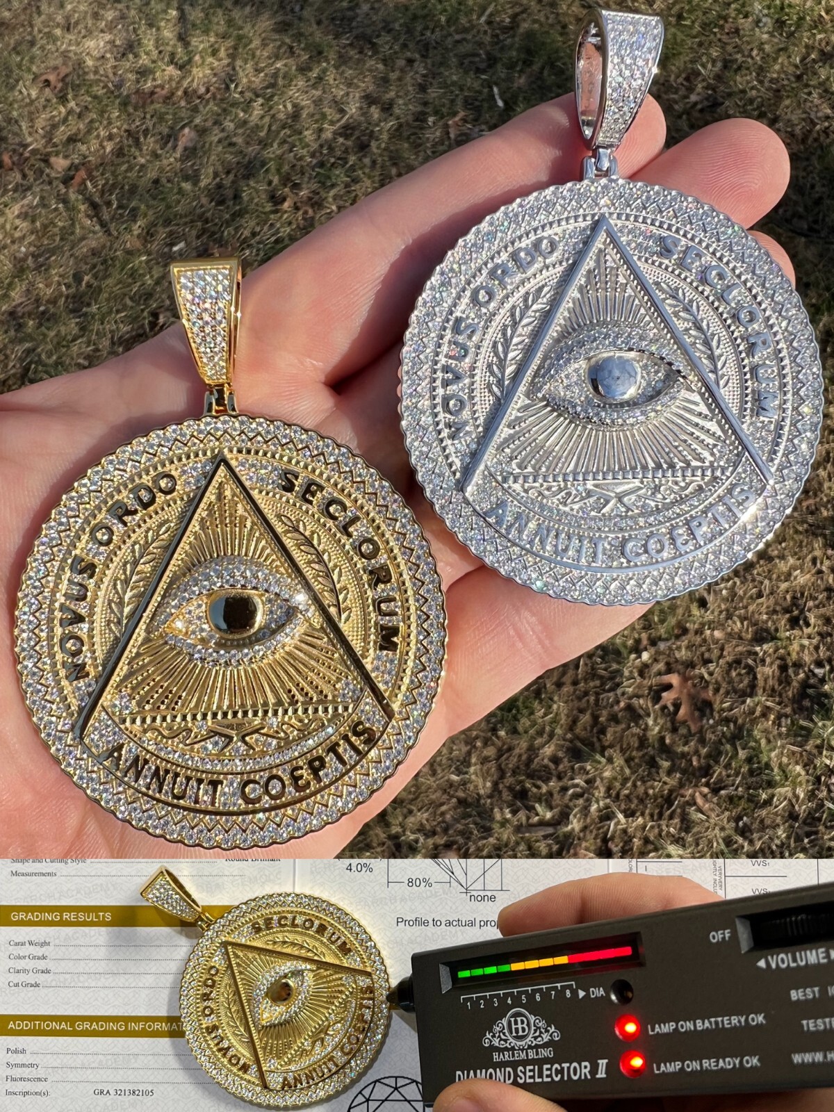 Pre-owned Harlembling Moissanite Huge 3" All Seeing Illuminati Eye Masonic Medallion Necklace Silver