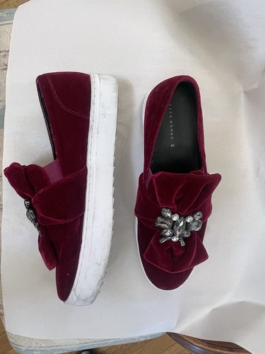 Zara Women Burgundy Red Velvet Platform Loafers rhinestone