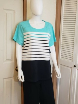 

KAREN SCOTT SPORT Женский топ в полоску цвета морской волны с короткими рукавами Plus, Aqua