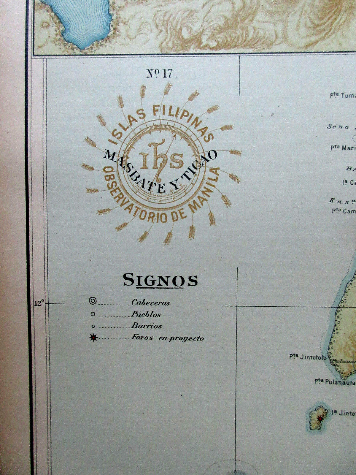 1900 antique map Islands MASBATE & TACAO  Philippines inset Port of Palanog