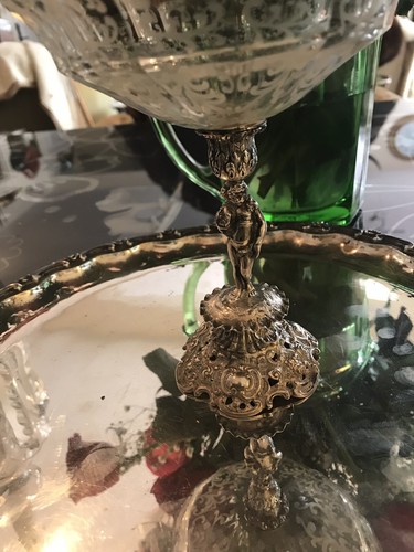 Pair Silver Antique German Cherub Pedestal Scalloped Etched Glass Compote Bowls