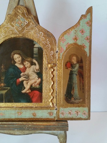 Vintage ITALY Gold Pink Tole Wood Florentine Madonna&Jesus Triptych Icon & EASEL