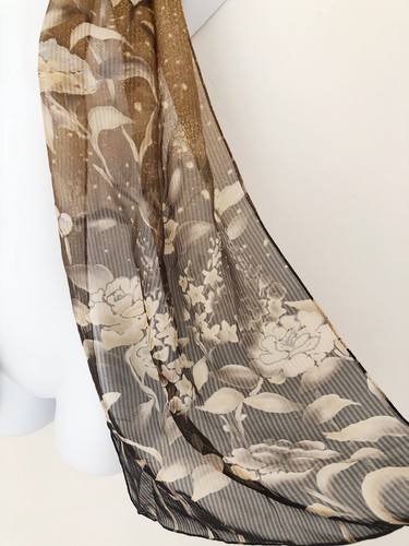 ECHO Womens 100% Silk Scarf Rectangle Long Brown Beige Tan Floral EUC