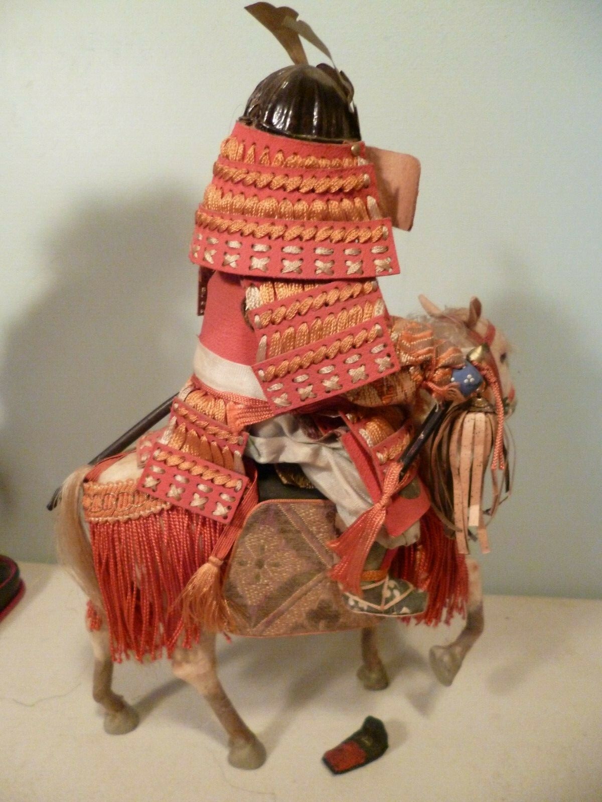 ANTIQUE JAPANESE BOY WARRIOR MOUNTED ON HORSE BOTH HAVE GLASS EYES
