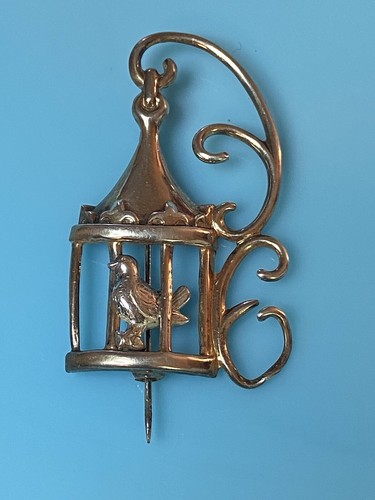 Vintage Lang Sterling Silver Bird Sitting on Swing Cage Pin