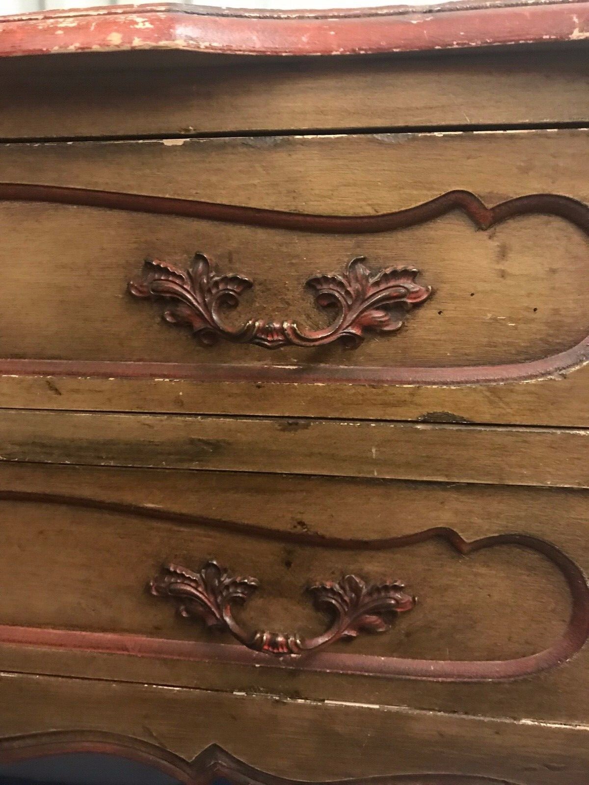 Vintage Chest of Drawers Distressed w/Red Trim Cabriole Legs French Style