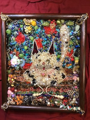 Jewelry Frame Art Signed Cat Mixed Media Vintage Beads Rings