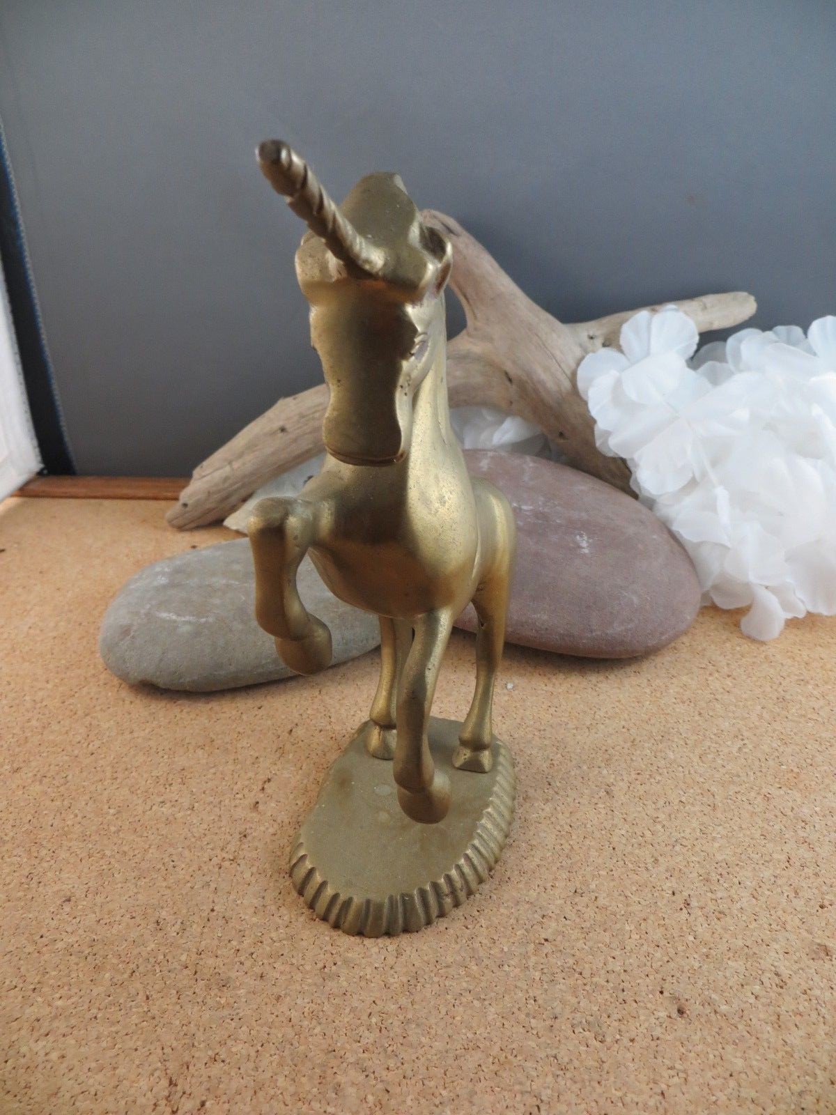 Vintage Antique Brass Metal Rearing Horse Unicorn Figurine on base 6