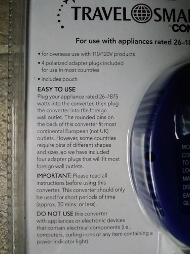 NEW! TRAVEL SMART by CONAIR International Converter Adapter SET 1875w - TS702CRR
