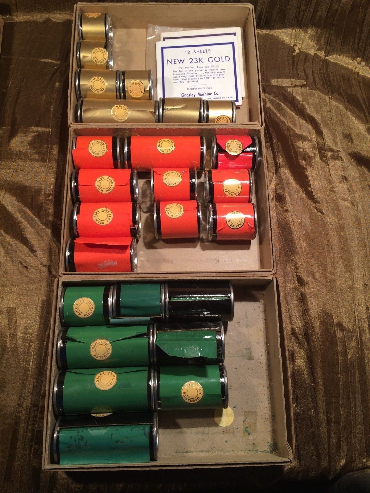 77 KINGSLEY HOT FOIL STAMPING MACHINE FOIL ROLLS NEW & PARTIAL + 23K GOLD SHEETS