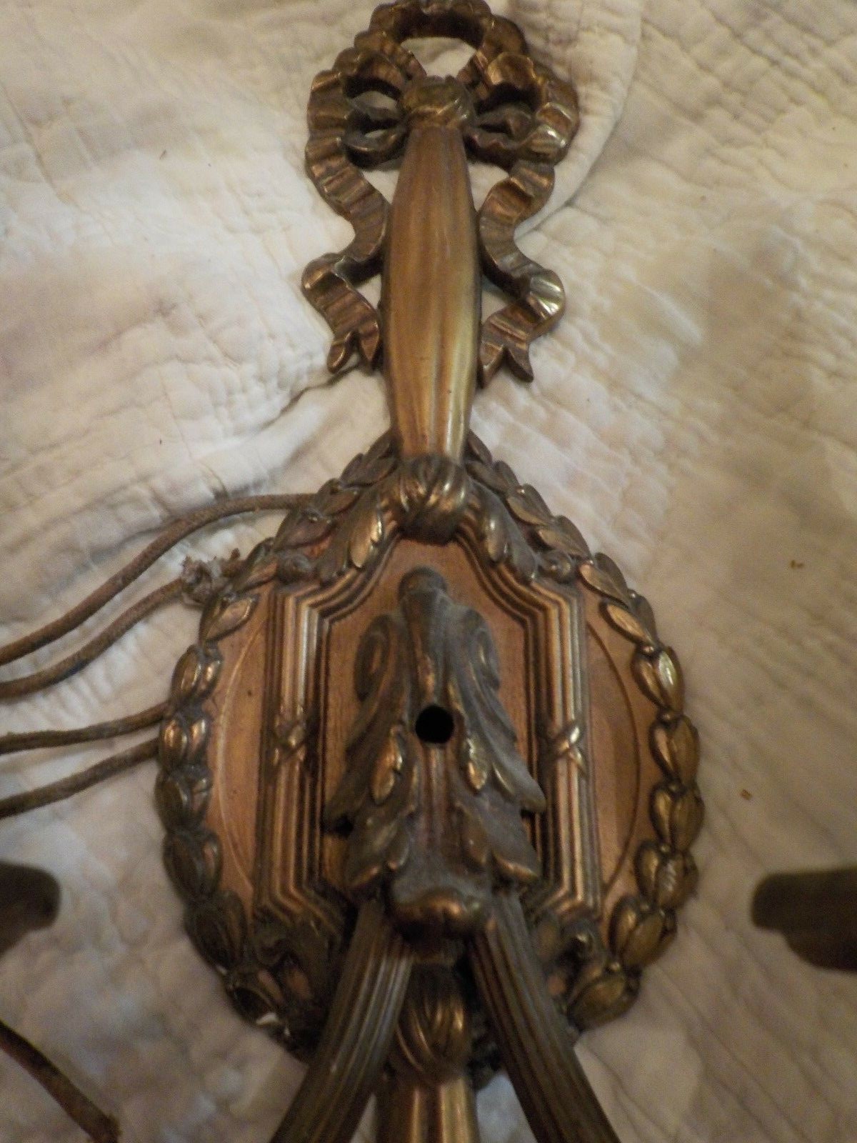 Antique French single 2-Arm Brass Wall Sconce Ribbon, swag and Tassel Motif