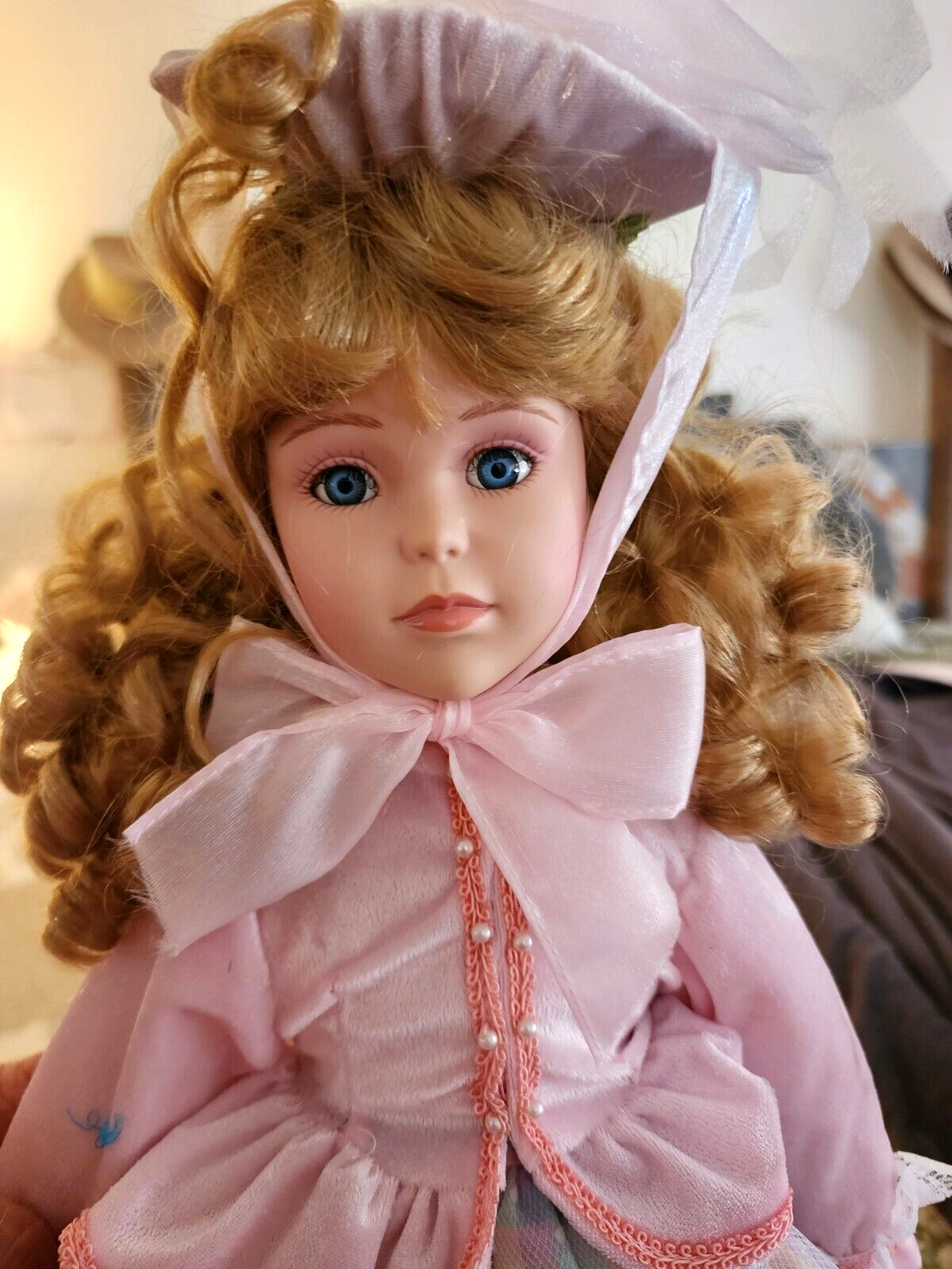 Dynasty Doll Collection Tall Porcelain Doll Simone Blonde Spiral Curls Blue eyes