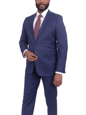 

Мужской современный покрой синий текстурированный шерстяной костюм на двух пуговицах