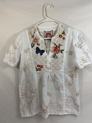 Johnny Was JWLA White Jailyn Linen Puff Sleeve Weekend Top Boho Chic Size XS