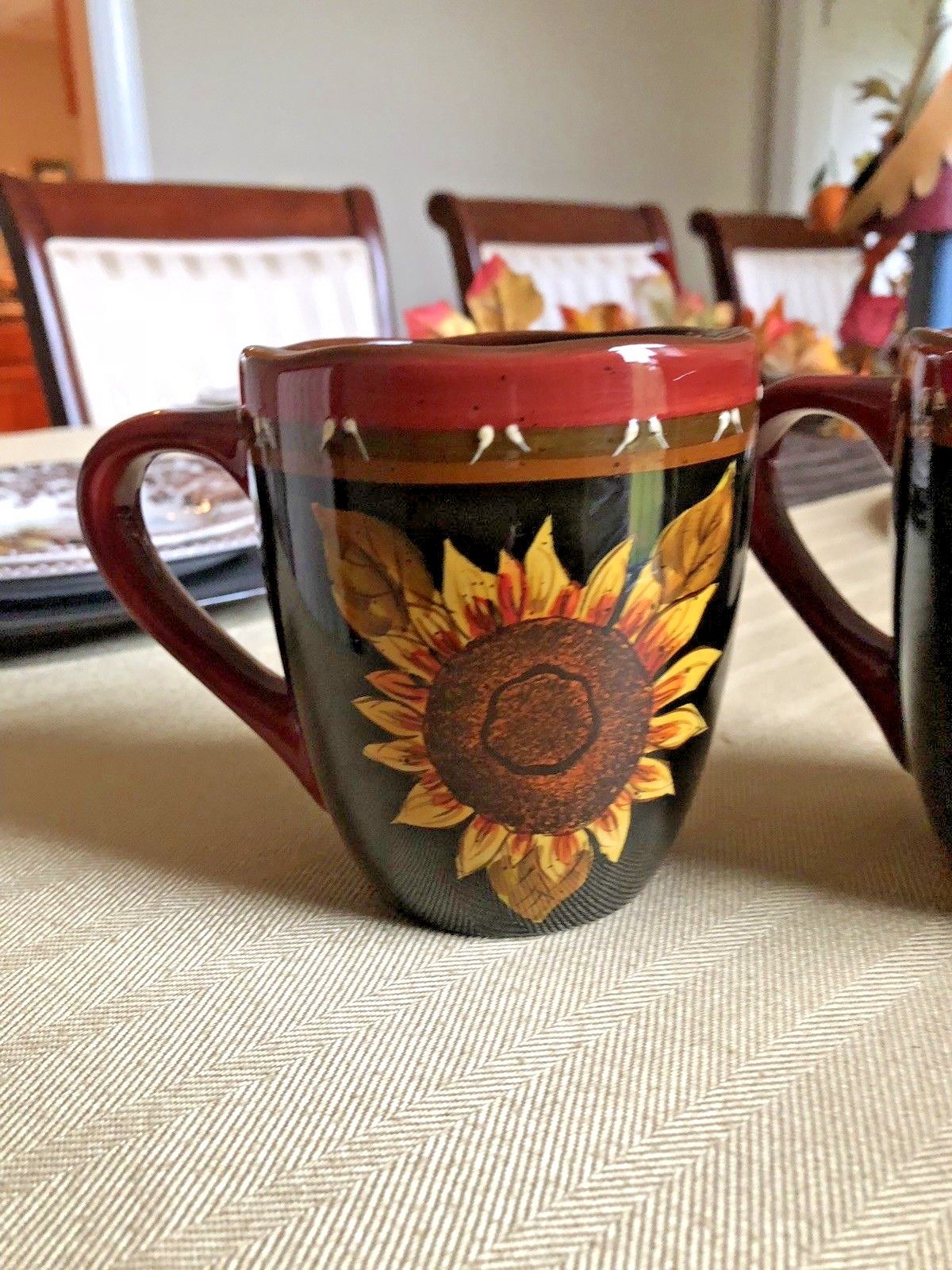 NEVER USED!!   Lot of 2 Hobby Lobby Black with Gold Flower Ceramic Coffee Mugs