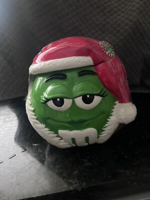 M&M s COLLECTIBLE CERAMIC CANDY COOKIE JAR CANISTER W/ LID Green Christmas