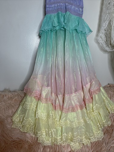 Pre-owned Free People Rococo Sand Emi Long Metallic Ombre Lace Trim Peplum Dress S In Pastels