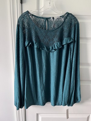 Zac & Rachel Woman Teal Tunic Top Lace & Ruffle Textured Women's 2X NWT