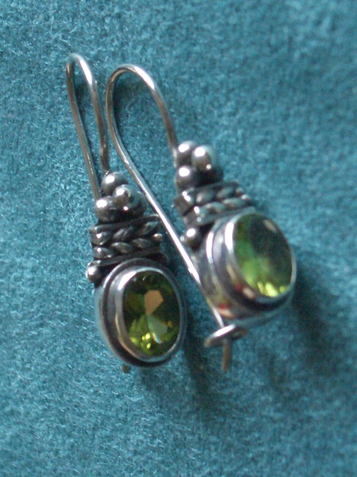 Sterling silver 925 marked peridot cabochon stone hook wire clasp earrings