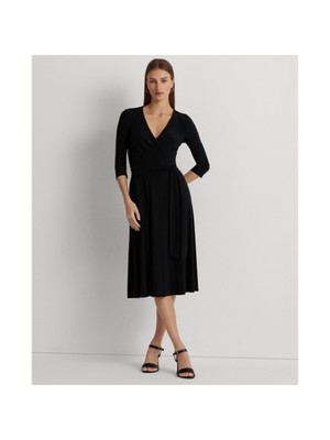 

Черное женское платье RALPH LAUREN с поясом и рукавом 3/4 ниже колена, облегающее + расклешенное платье, Черный