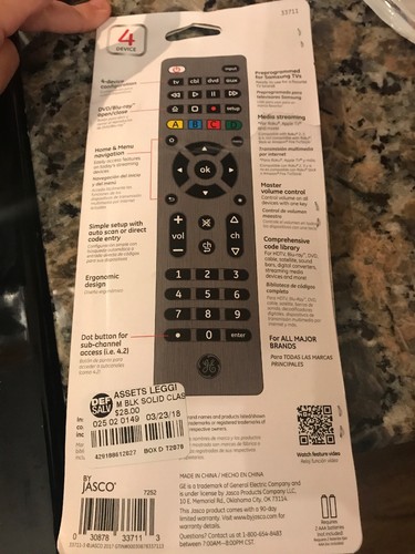 GE Pro Universal Remote Control, Designer Finish for All major Brands, 4 Device